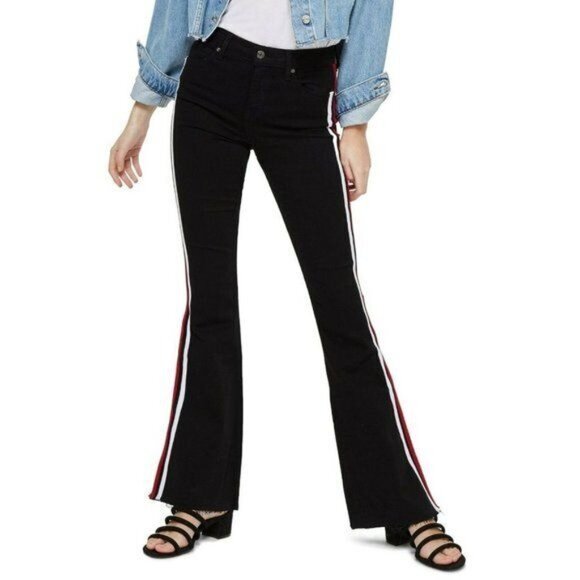 TOPSHOP Jean Jamie Flare Moto Black Denim High Waisted Side Stripe SZ 28 NWT - Picture 1 of 3